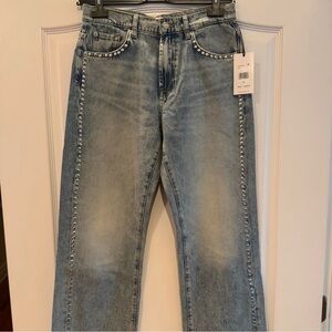 7 For All Mankind Light Blue Straight Jeans with Silver Stud Trim
